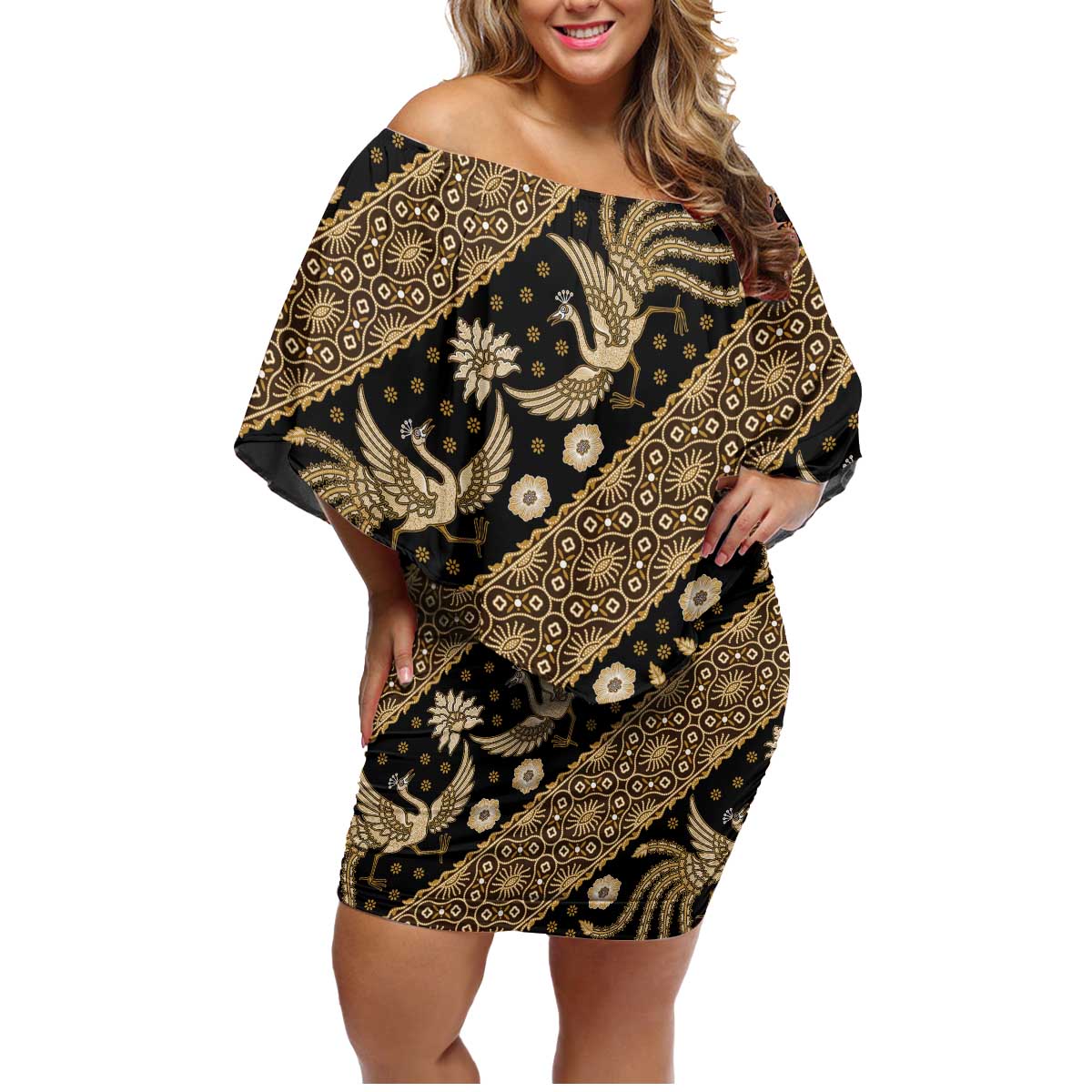 Indonesia Batik Pattern Family Matching Off Shoulder Short Dress and Hawaiian Shirt Gold Version - Wonder Print Shop