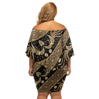 Indonesia Batik Pattern Family Matching Off Shoulder Short Dress and Hawaiian Shirt Gold Version - Wonder Print Shop