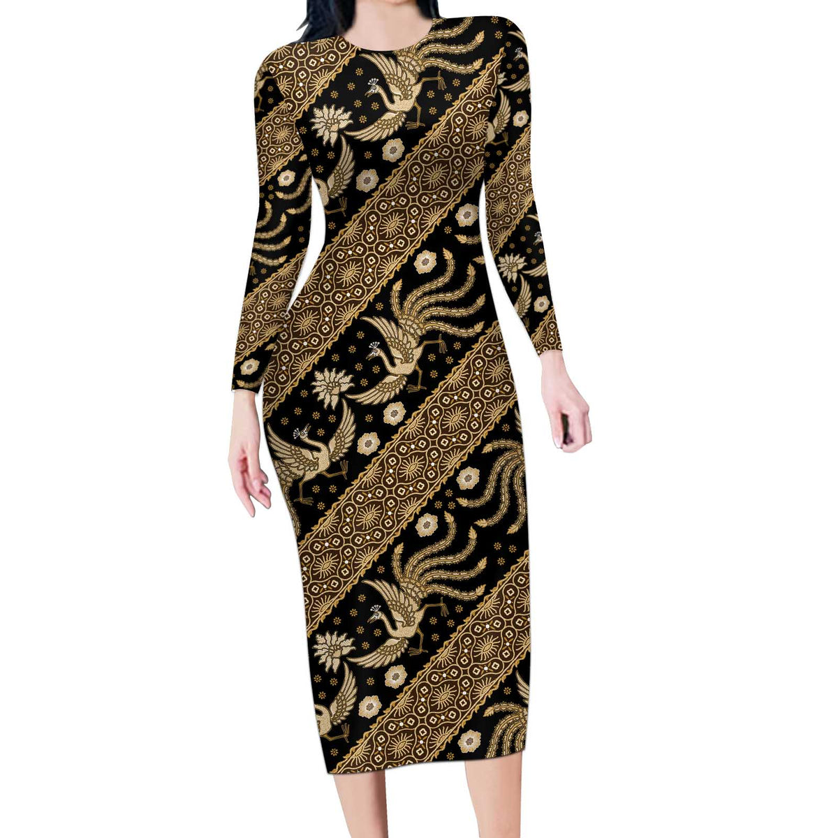 Indonesia Batik Pattern Long Sleeve Bodycon Dress Gold Version - Wonder Print Shop