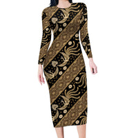Indonesia Batik Pattern Long Sleeve Bodycon Dress Gold Version - Wonder Print Shop