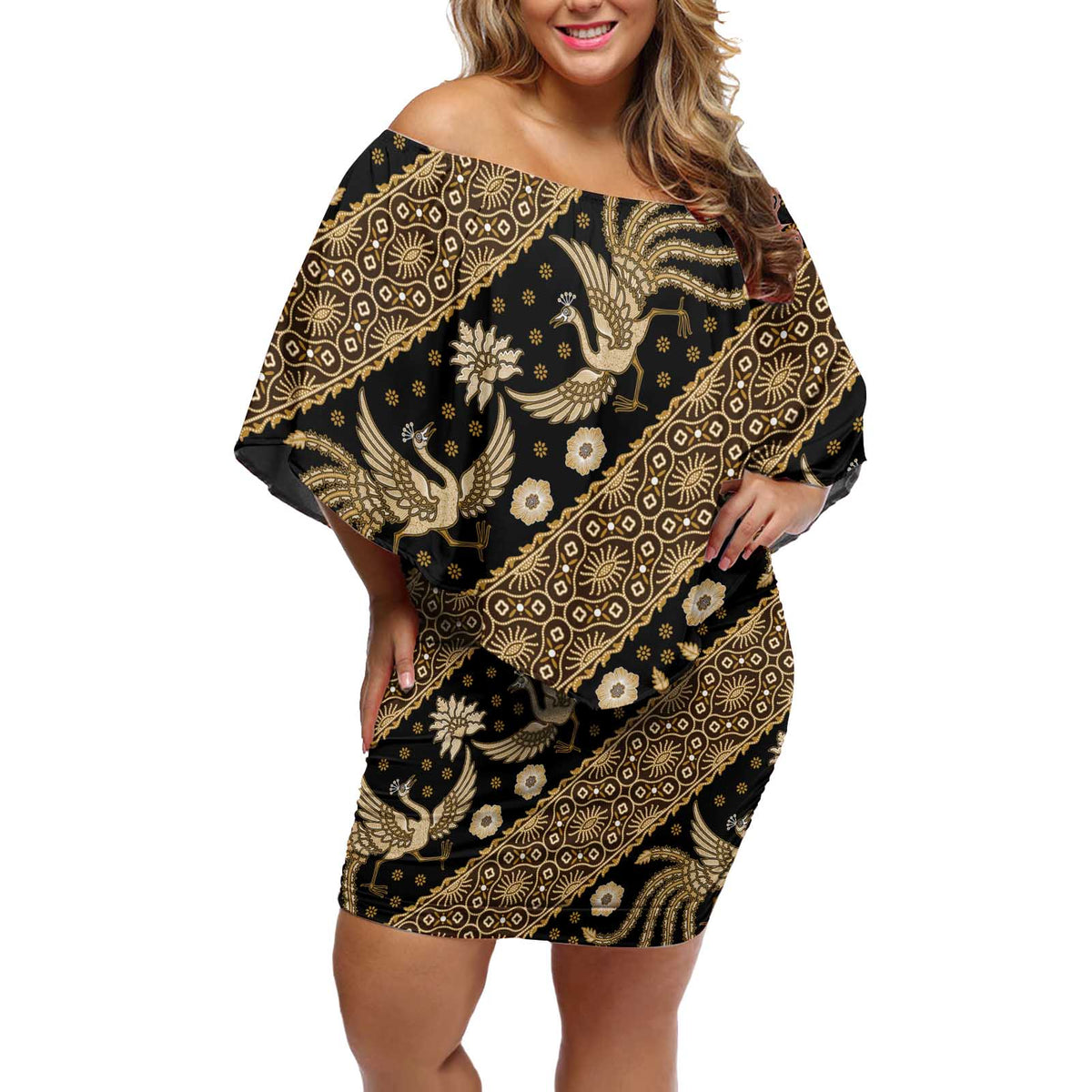 Indonesia Batik Pattern Off Shoulder Short Dress Gold Version - Wonder Print Shop