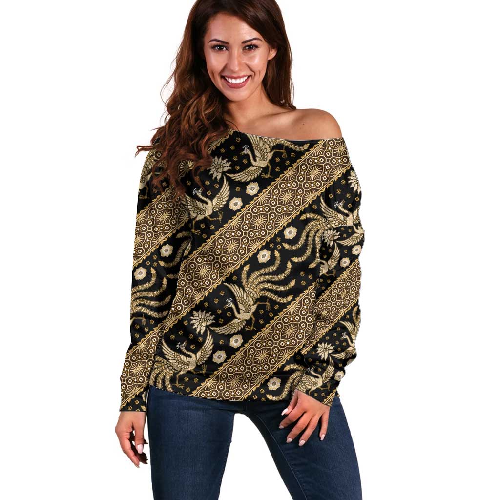 Indonesia Batik Pattern Off Shoulder Sweater Gold Version - Wonder Print Shop