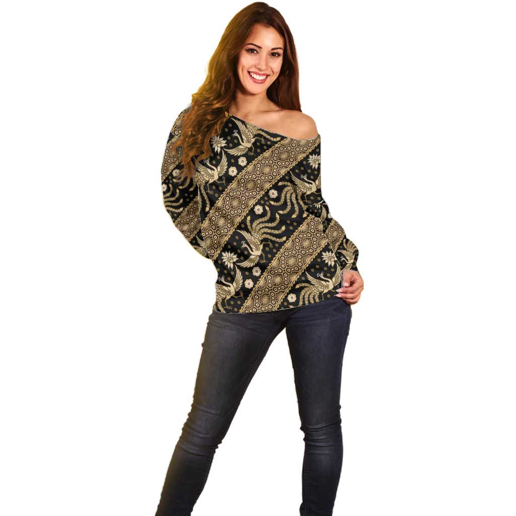 Indonesia Batik Pattern Off Shoulder Sweater Gold Version - Wonder Print Shop