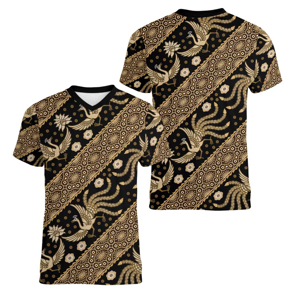 Indonesia Batik Pattern Women V-Neck T-Shirt Gold Version - Wonder Print Shop