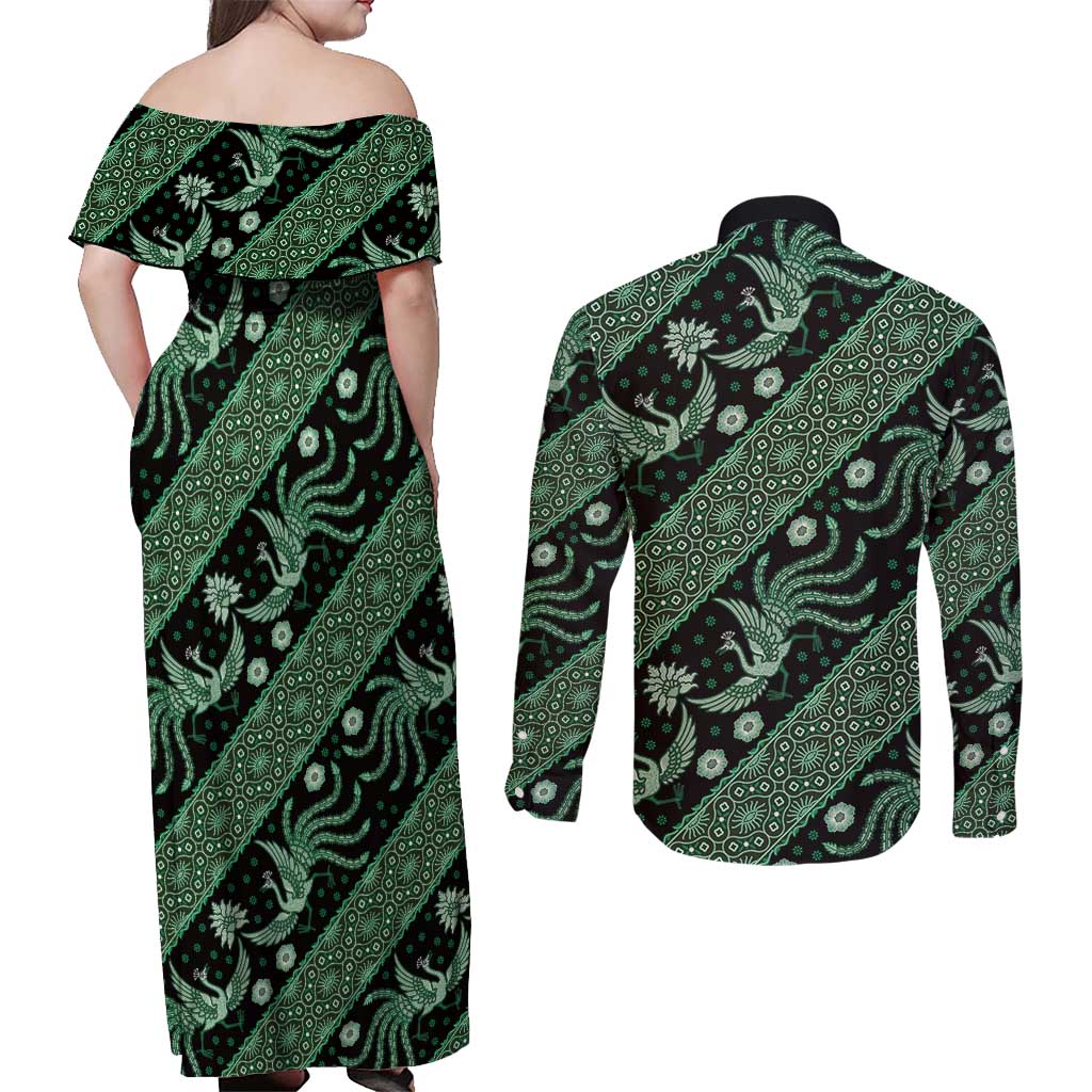 Indonesia Batik Pattern Couples Matching Off Shoulder Maxi Dress and Long Sleeve Button Shirt Green Version - Wonder Print Shop
