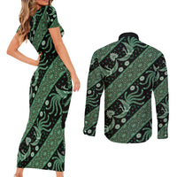 Indonesia Batik Pattern Couples Matching Short Sleeve Bodycon Dress and Long Sleeve Button Shirt Green Version - Wonder Print Shop