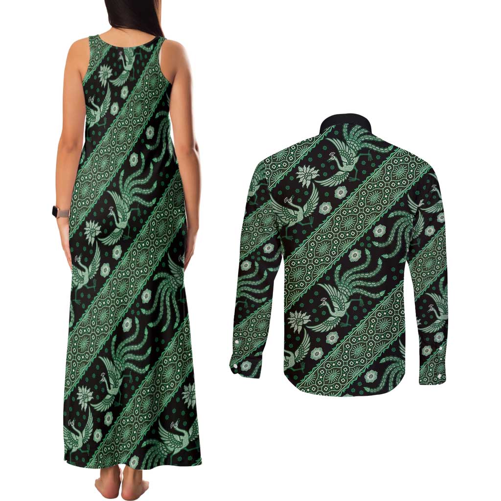 Indonesia Batik Pattern Couples Matching Tank Maxi Dress and Long Sleeve Button Shirt Green Version - Wonder Print Shop