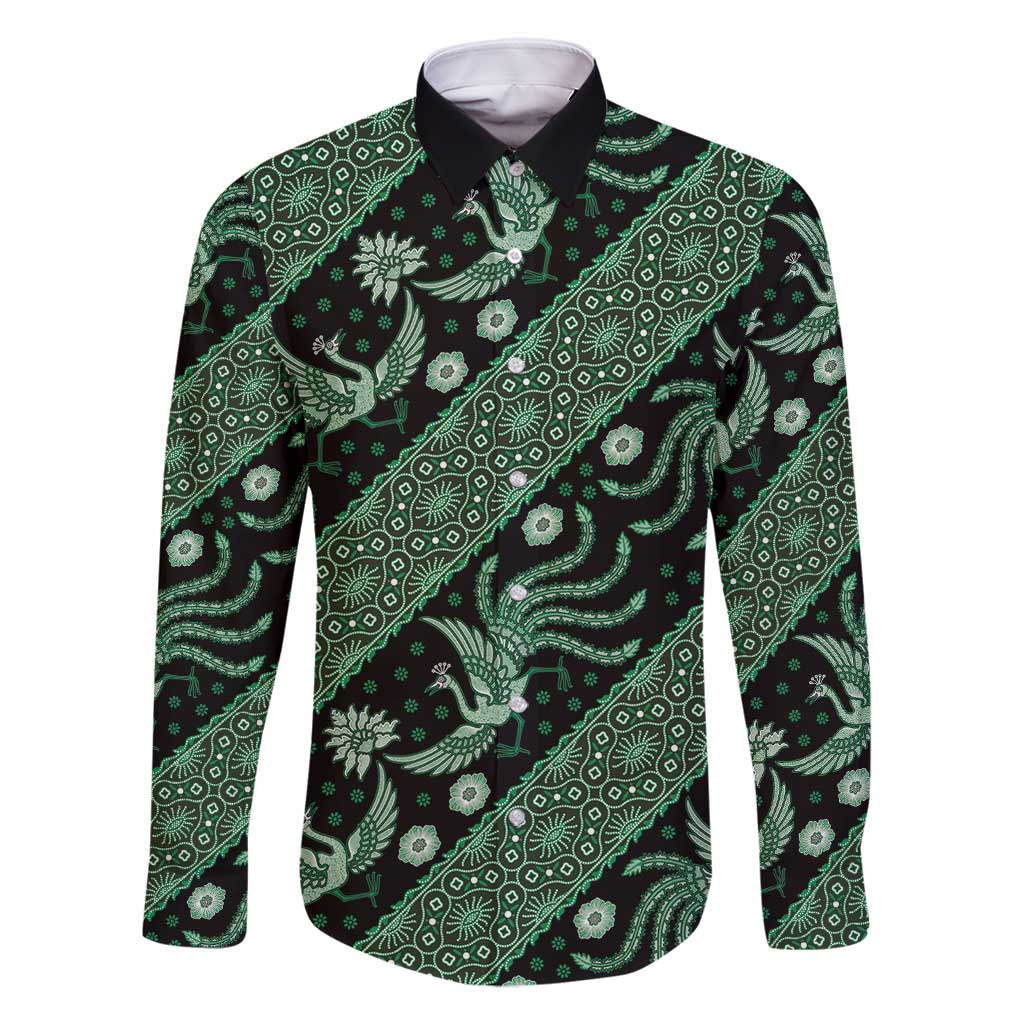 Indonesia Batik Pattern Family Matching Long Sleeve Bodycon Dress and Hawaiian Shirt Green Version - Wonder Print Shop