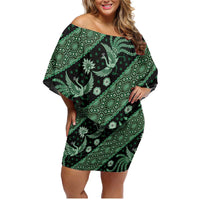 Indonesia Batik Pattern Family Matching Off Shoulder Short Dress and Hawaiian Shirt Green Version - Wonder Print Shop