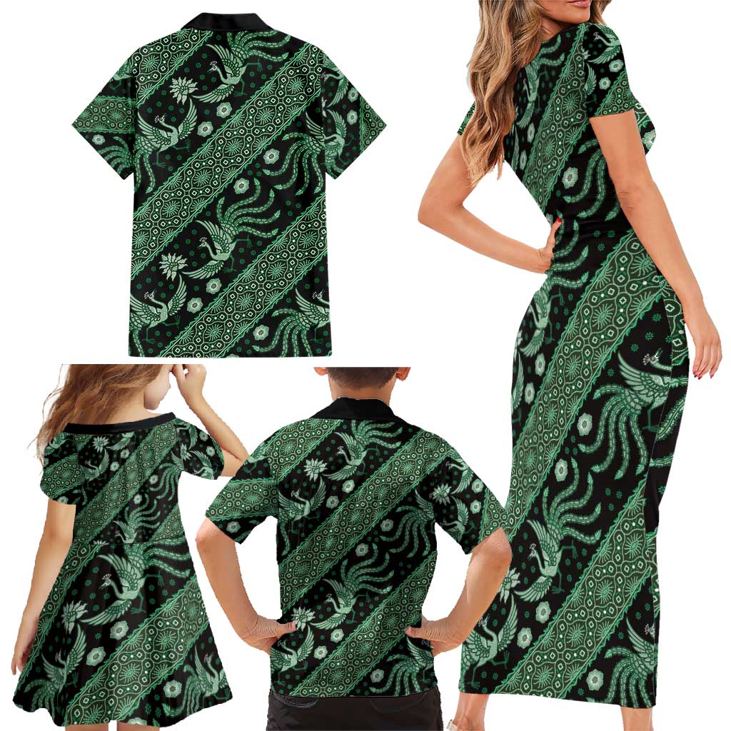 Indonesia Batik Pattern Family Matching Short Sleeve Bodycon Dress and Hawaiian Shirt Green Version - Wonder Print Shop
