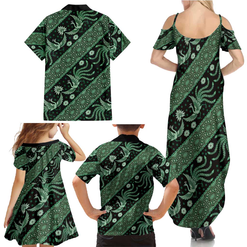 Indonesia Batik Pattern Family Matching Summer Maxi Dress and Hawaiian Shirt Green Version - Wonder Print Shop