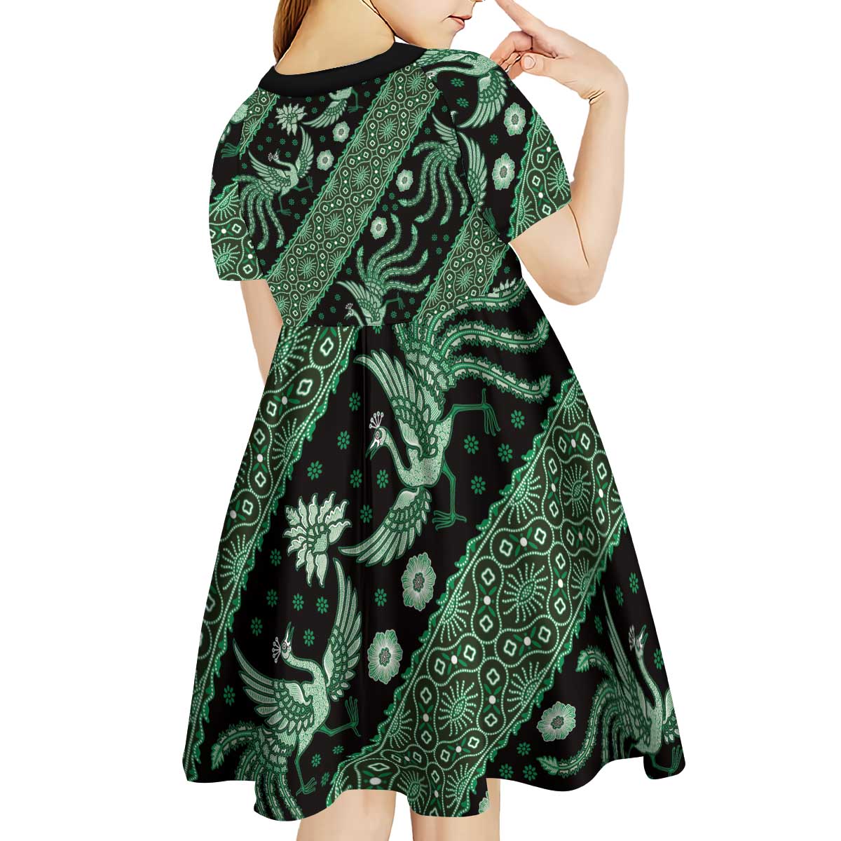Indonesia Batik Pattern Kid Short Sleeve Dress Green Version - Wonder Print Shop