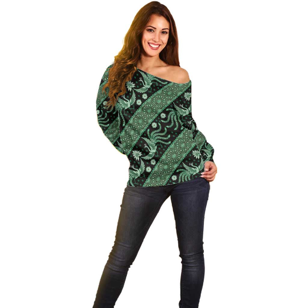 Indonesia Batik Pattern Off Shoulder Sweater Green Version - Wonder Print Shop