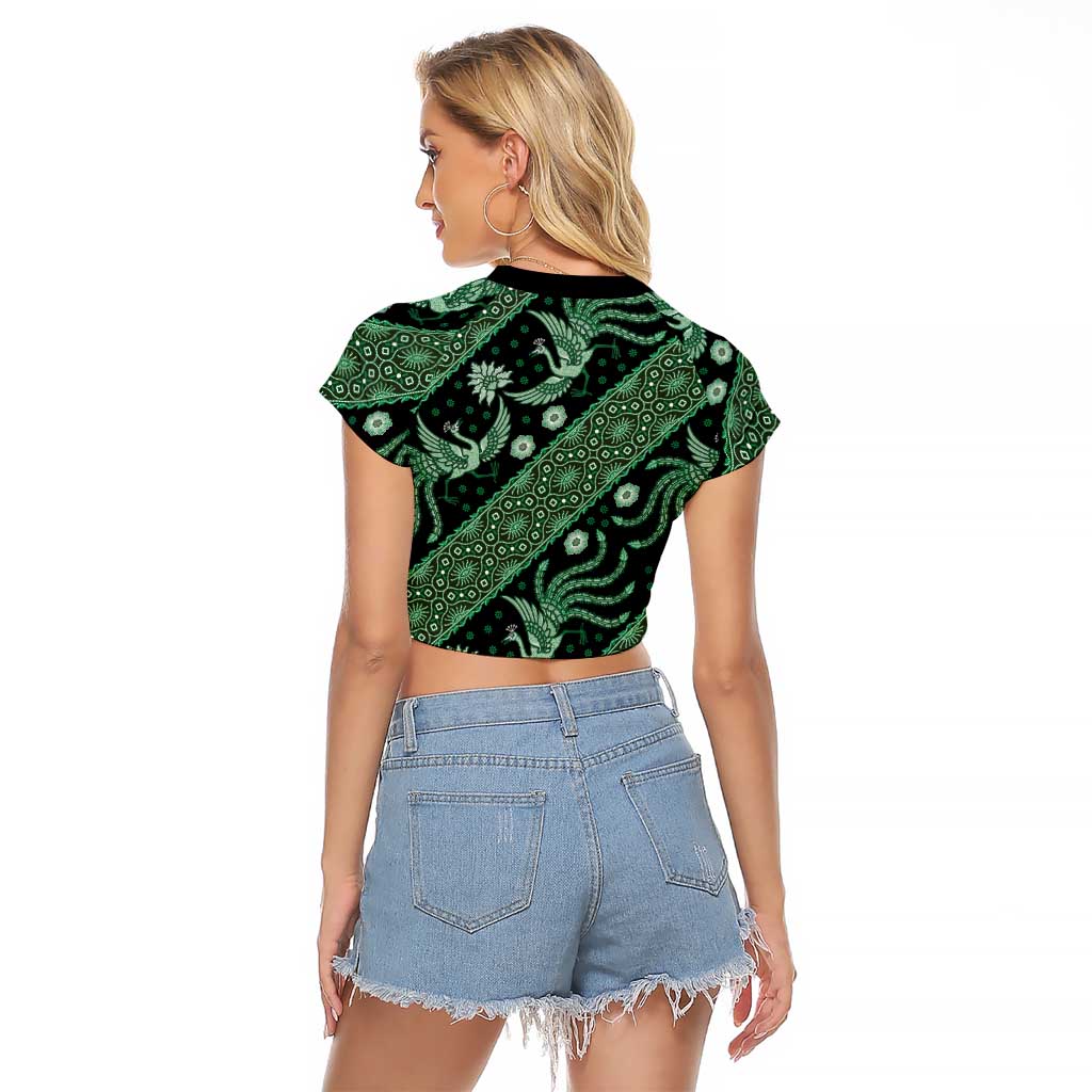 Indonesia Batik Pattern Raglan Cropped T Shirt Green Version - Wonder Print Shop