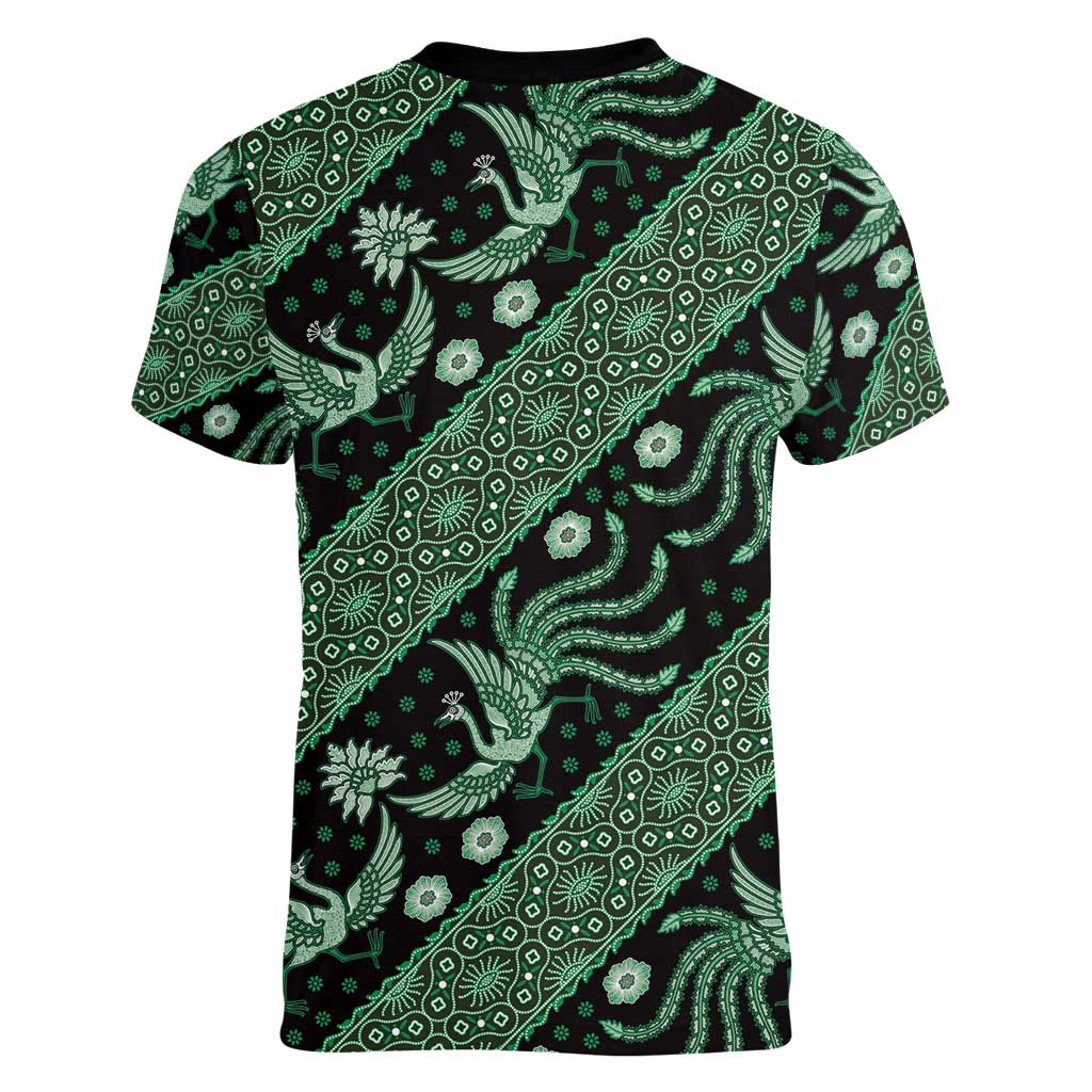 Indonesia Batik Pattern Women V-Neck T-Shirt Green Version - Wonder Print Shop