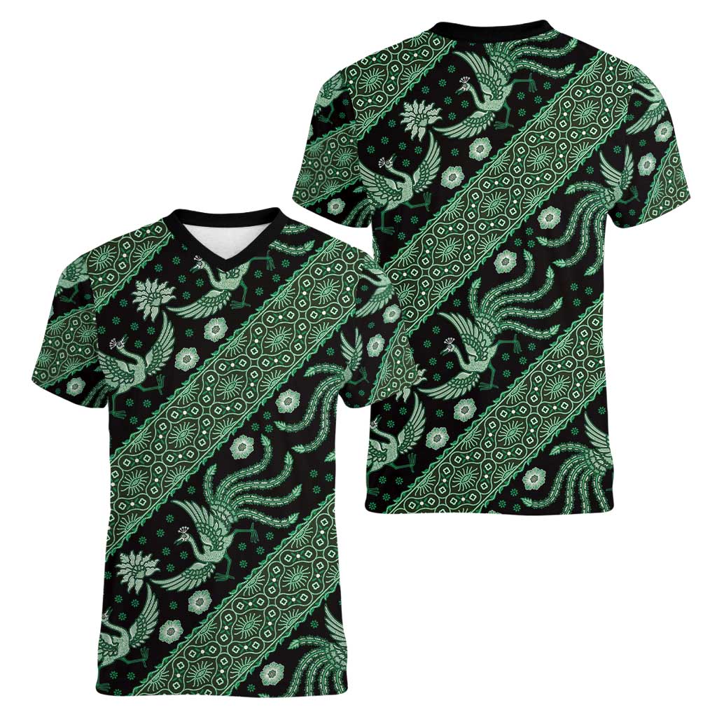 Indonesia Batik Pattern Women V-Neck T-Shirt Green Version - Wonder Print Shop