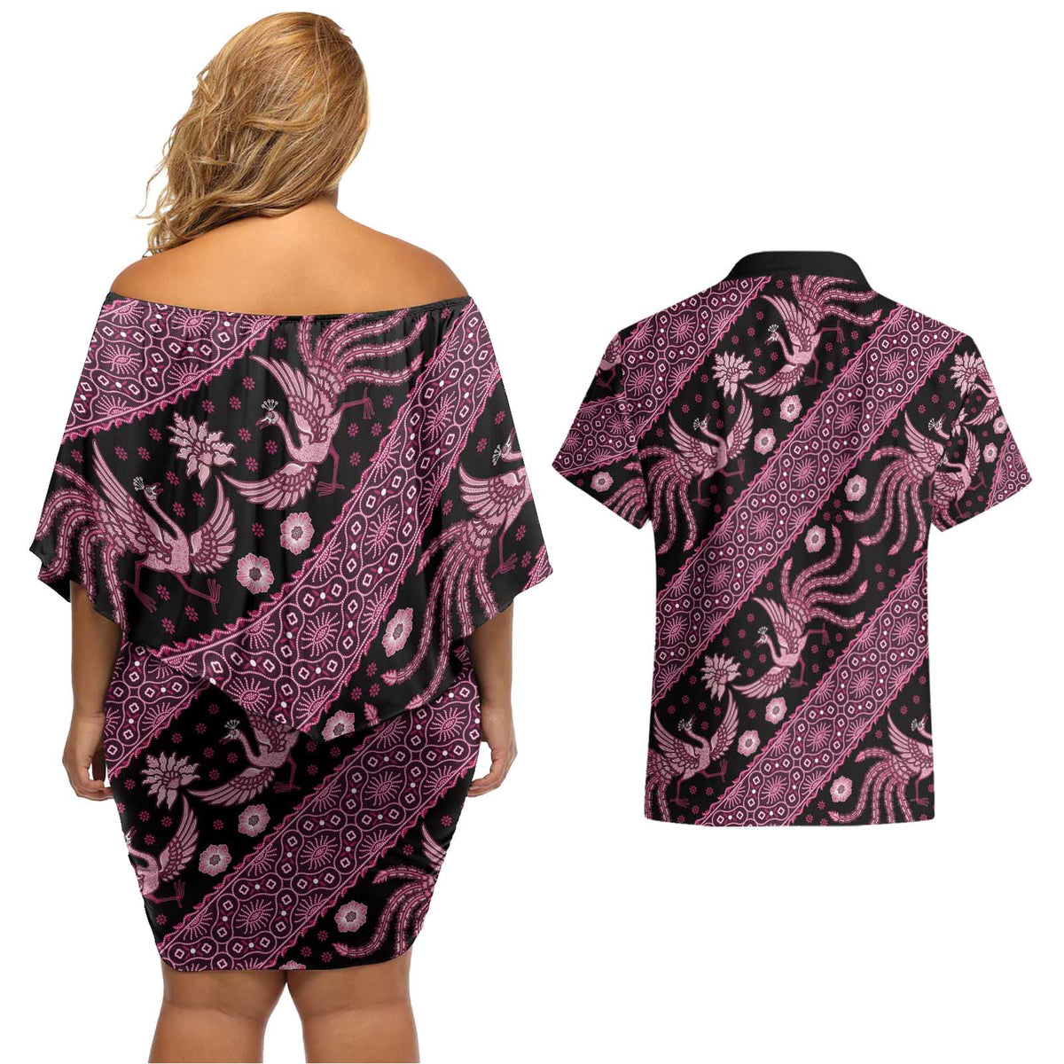 Indonesia Batik Pattern Couples Matching Off Shoulder Short Dress and Hawaiian Shirt Pink Version - Wonder Print Shop