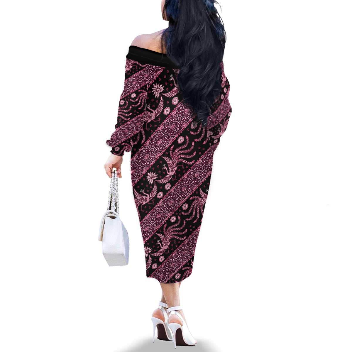 Indonesia Batik Pattern Family Matching Off The Shoulder Long Sleeve Dress and Hawaiian Shirt Pink Version - Wonder Print Shop