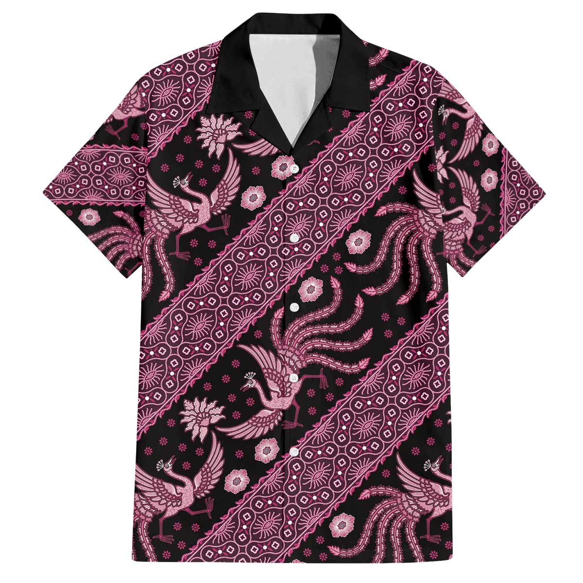 Indonesia Batik Pattern Family Matching Off Shoulder Short Dress and Hawaiian Shirt Pink Version - Wonder Print Shop