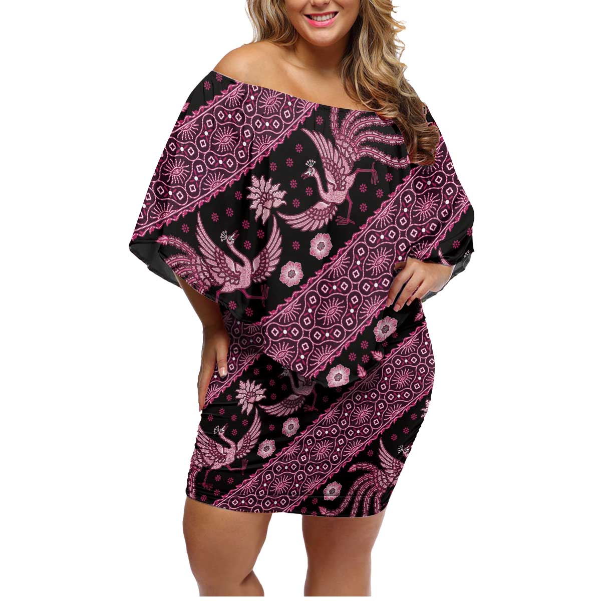 Indonesia Batik Pattern Family Matching Off Shoulder Short Dress and Hawaiian Shirt Pink Version - Wonder Print Shop