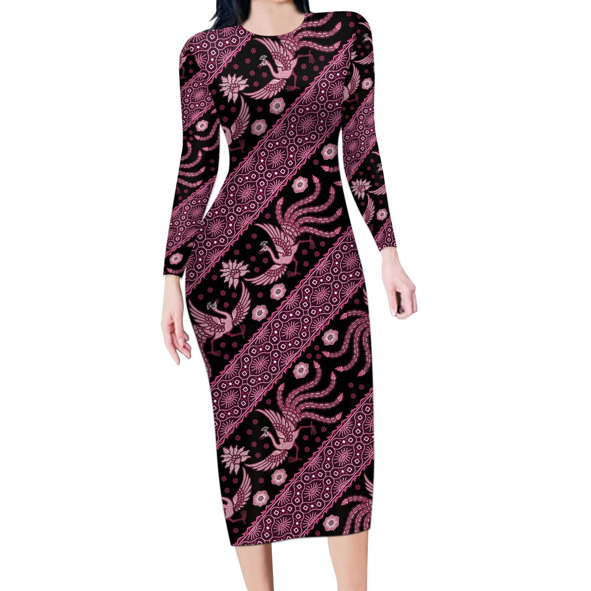 Indonesia Batik Pattern Long Sleeve Bodycon Dress Pink Version - Wonder Print Shop