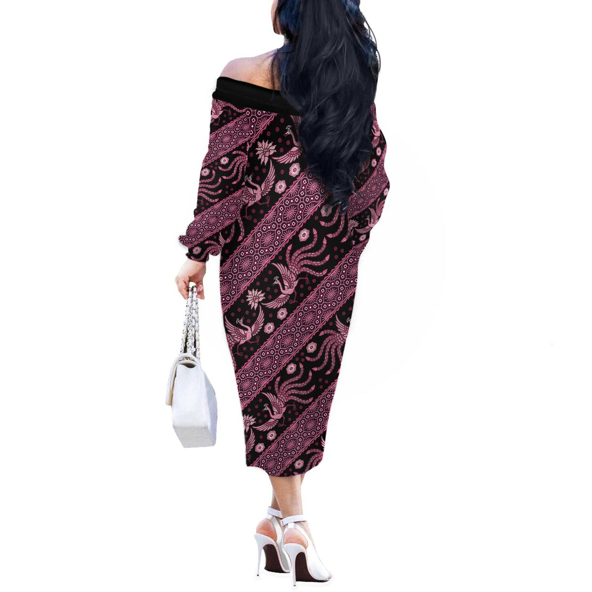 Indonesia Batik Pattern Off The Shoulder Long Sleeve Dress Pink Version - Wonder Print Shop