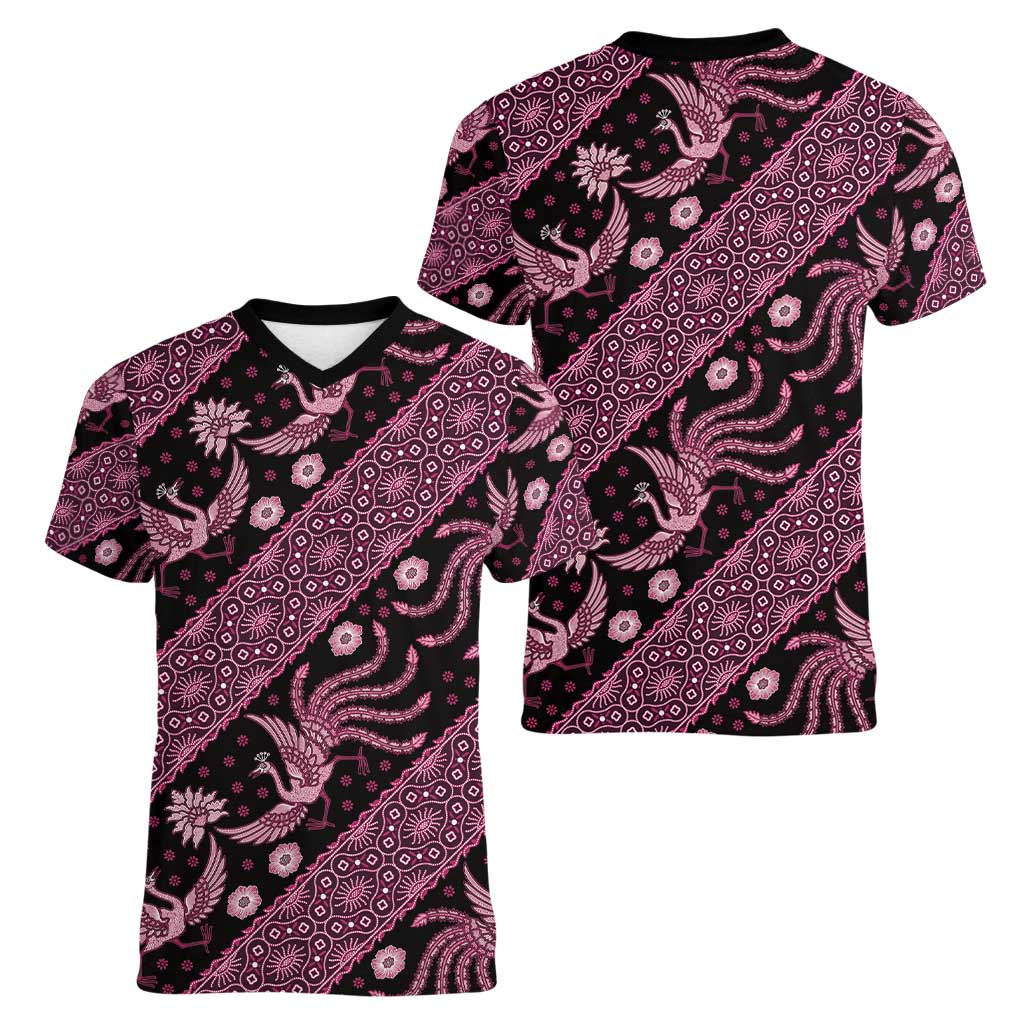 Indonesia Batik Pattern Women V-Neck T-Shirt Pink Version - Wonder Print Shop