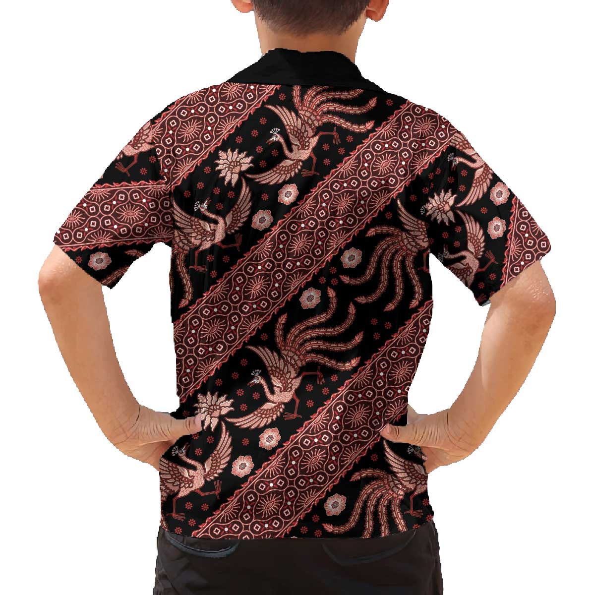 Indonesia Batik Pattern Family Matching Off Shoulder Short Dress and Hawaiian Shirt Red Version - Wonder Print Shop