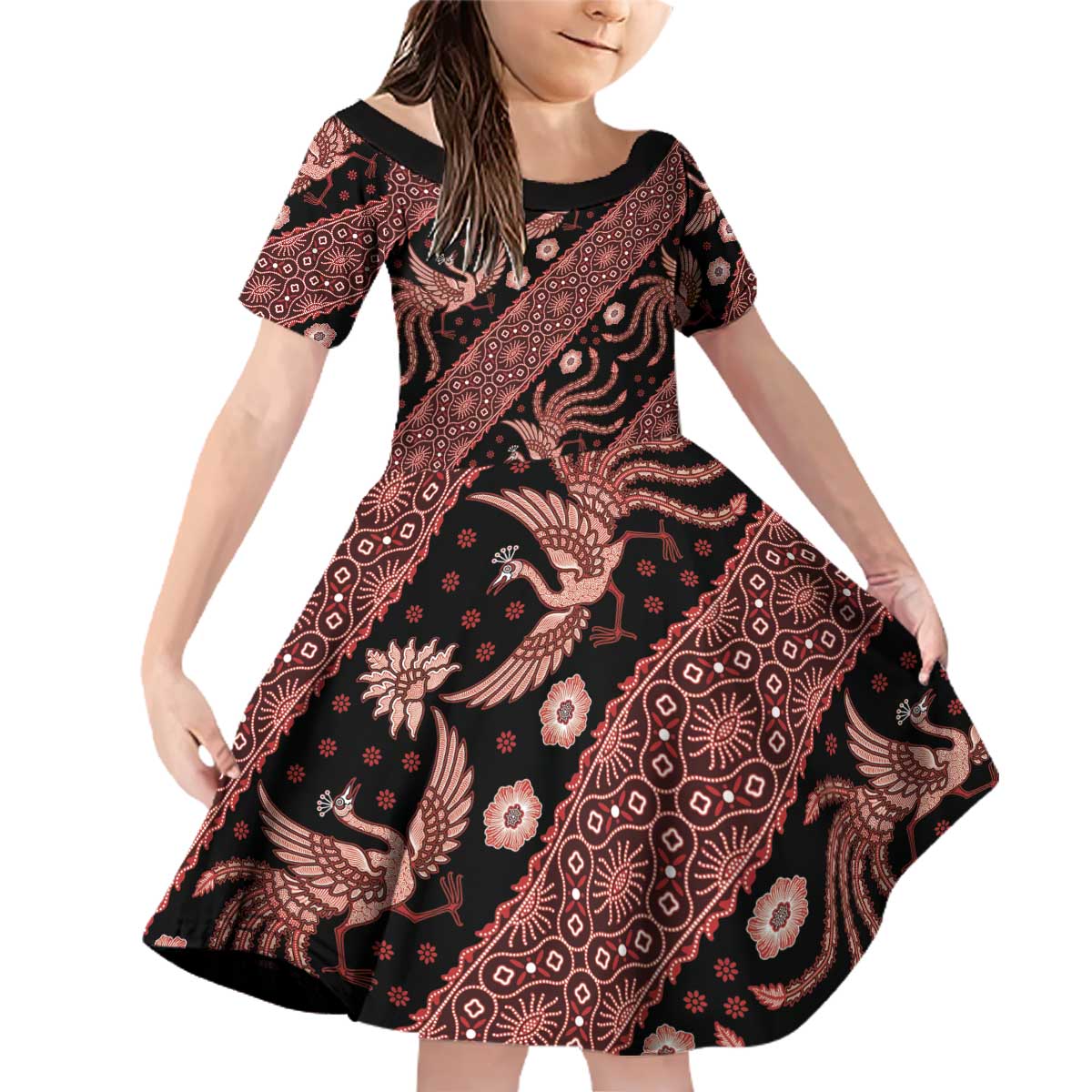 Indonesia Batik Pattern Family Matching Off Shoulder Short Dress and Hawaiian Shirt Red Version - Wonder Print Shop