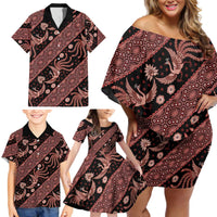 Indonesia Batik Pattern Family Matching Off Shoulder Short Dress and Hawaiian Shirt Red Version - Wonder Print Shop
