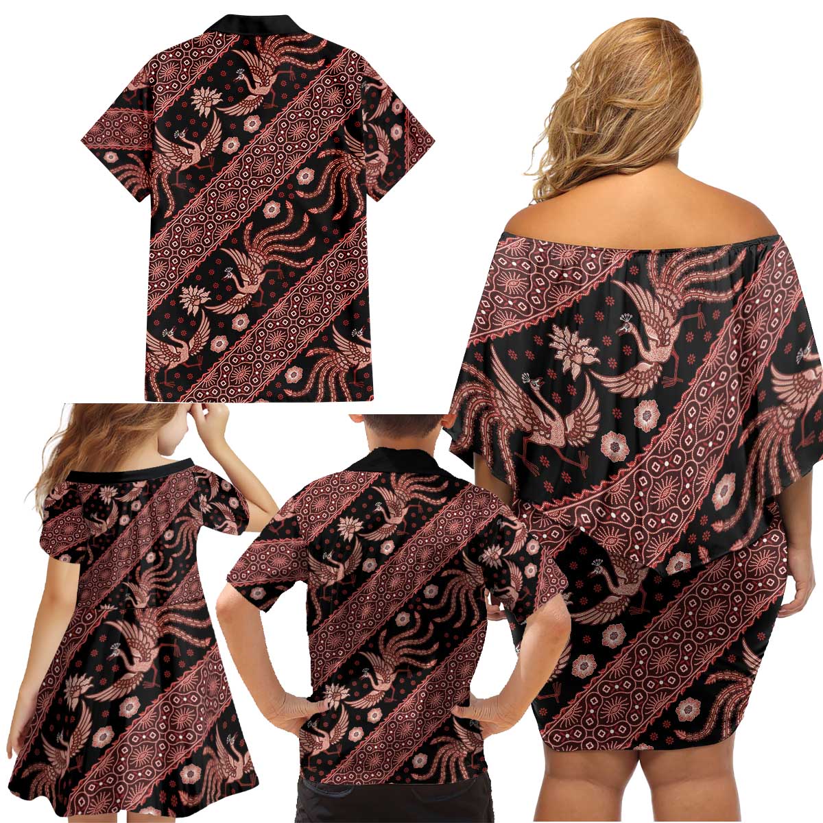Indonesia Batik Pattern Family Matching Off Shoulder Short Dress and Hawaiian Shirt Red Version - Wonder Print Shop