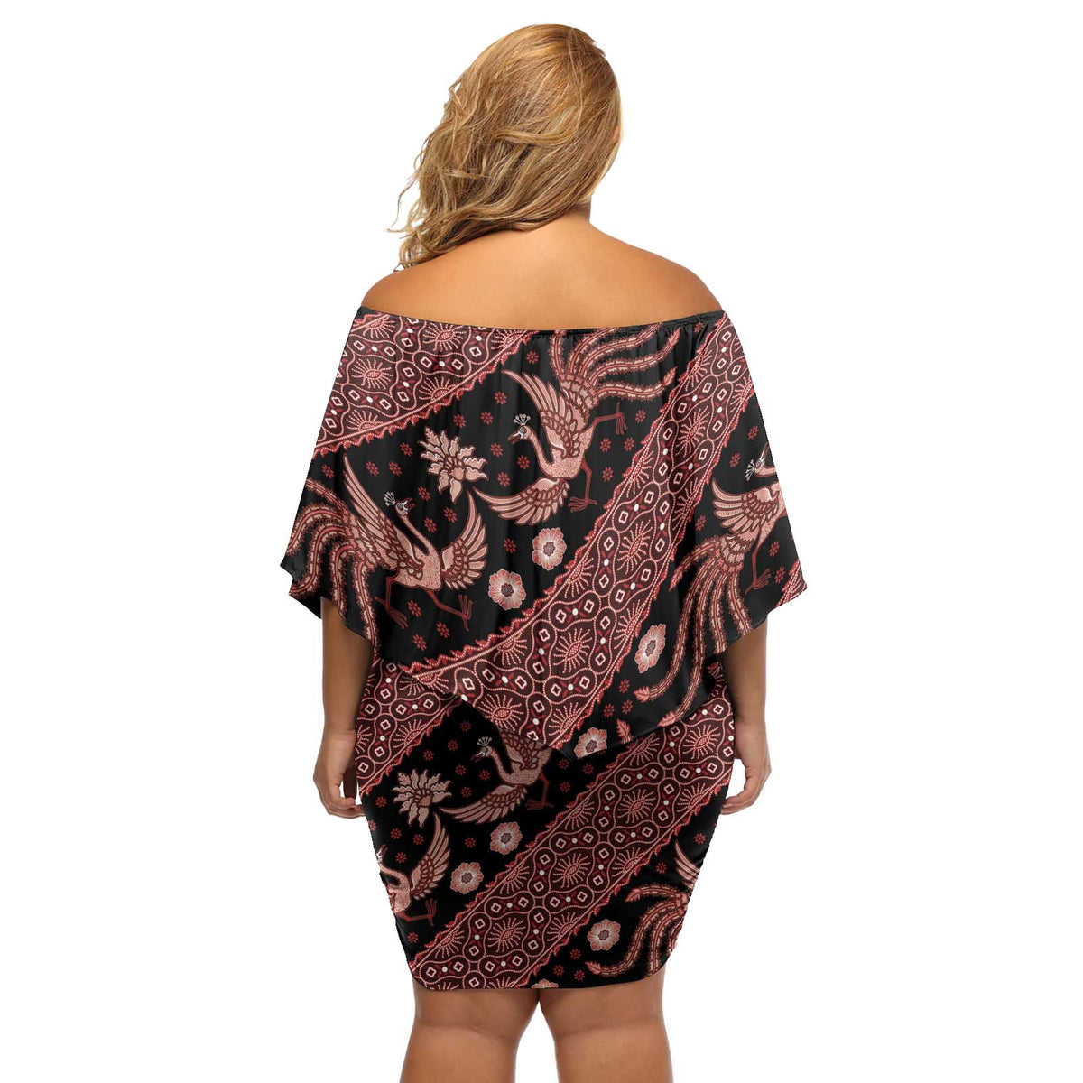Indonesia Batik Pattern Off Shoulder Short Dress Red Version - Wonder Print Shop