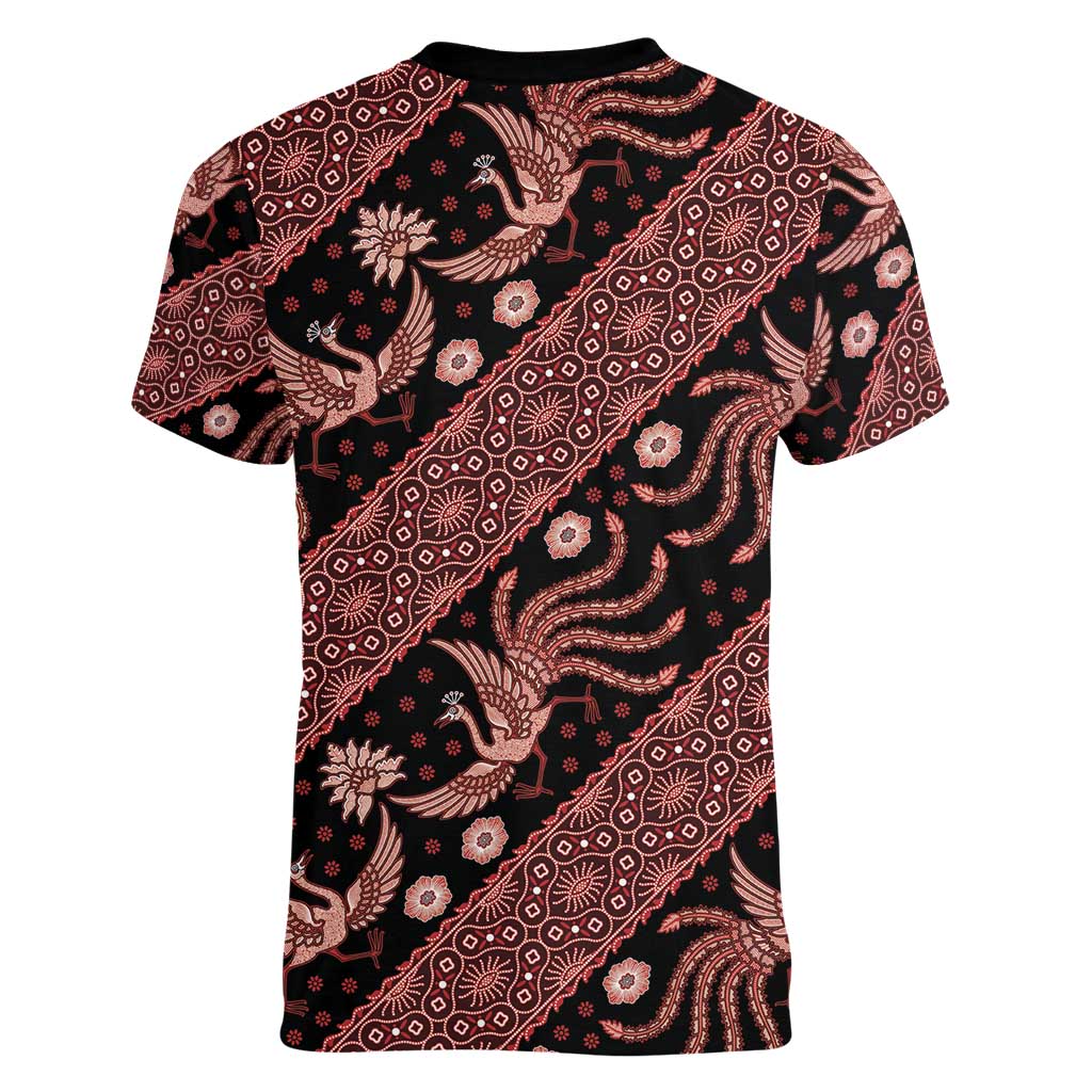 Indonesia Batik Pattern Women V-Neck T-Shirt Red Version - Wonder Print Shop