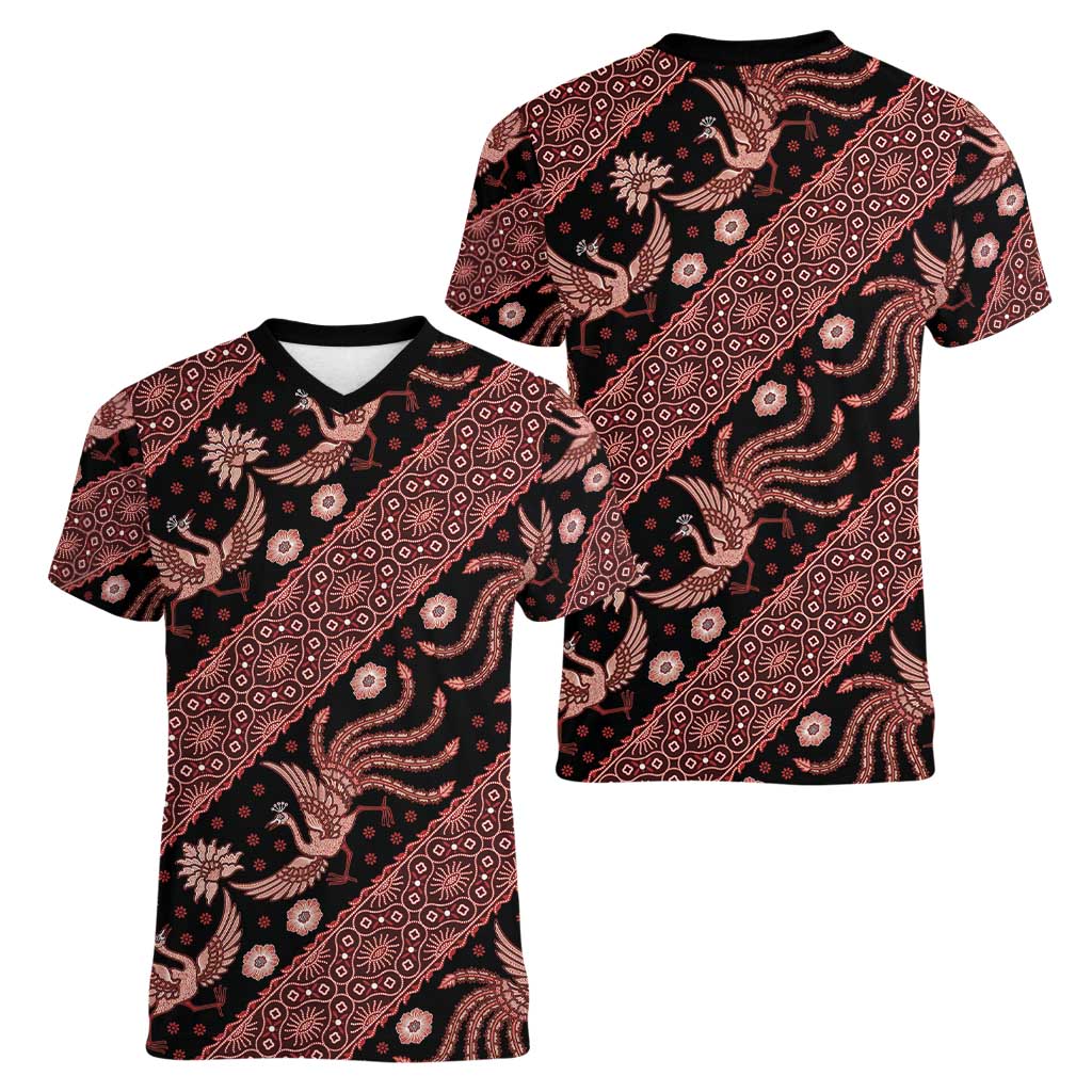 Indonesia Batik Pattern Women V-Neck T-Shirt Red Version - Wonder Print Shop