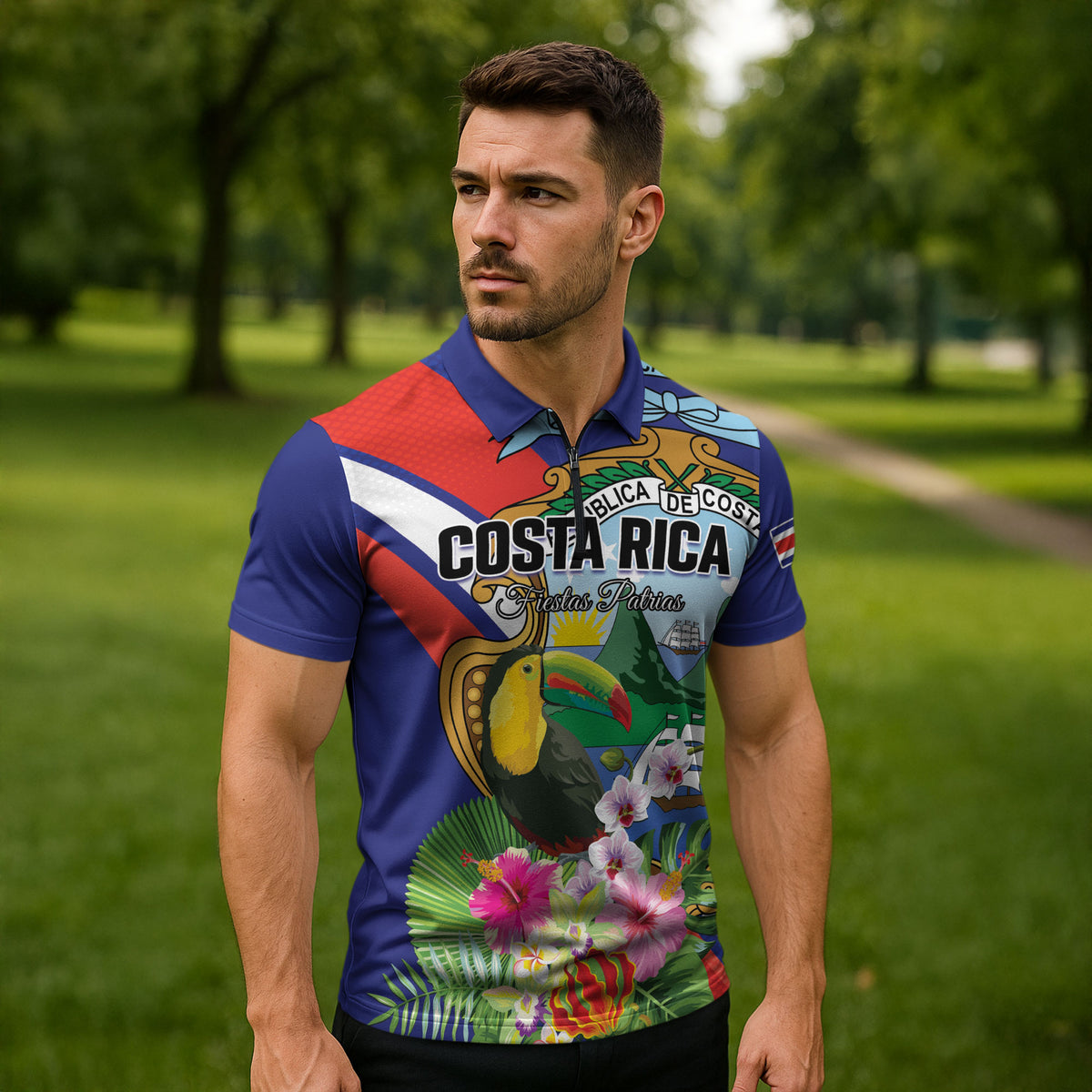 Personalized Costa Rica Rainbow Toucan Zipper Polo Shirt Happy Independence Day