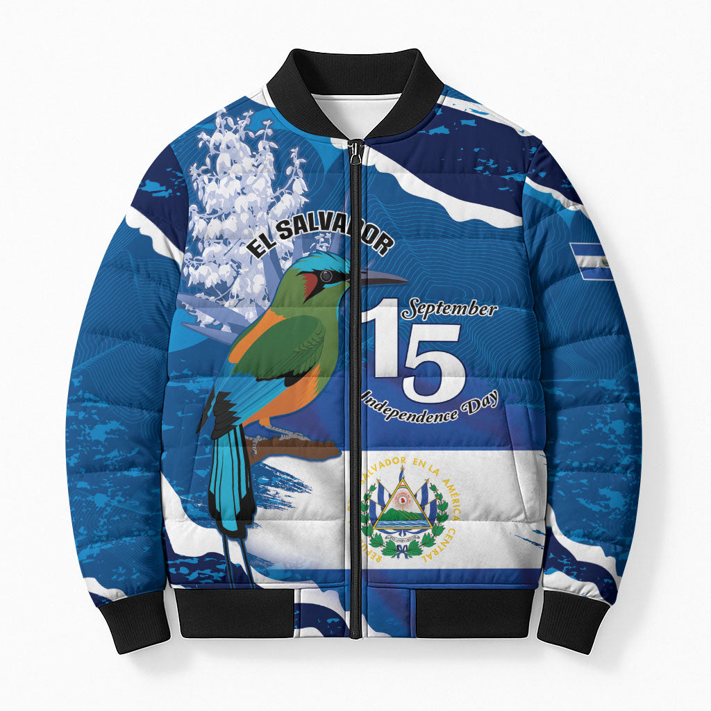 Personalized El Salvador Turquoise Browed Motmot Bomber Puffer Jacket Happy Independence Day