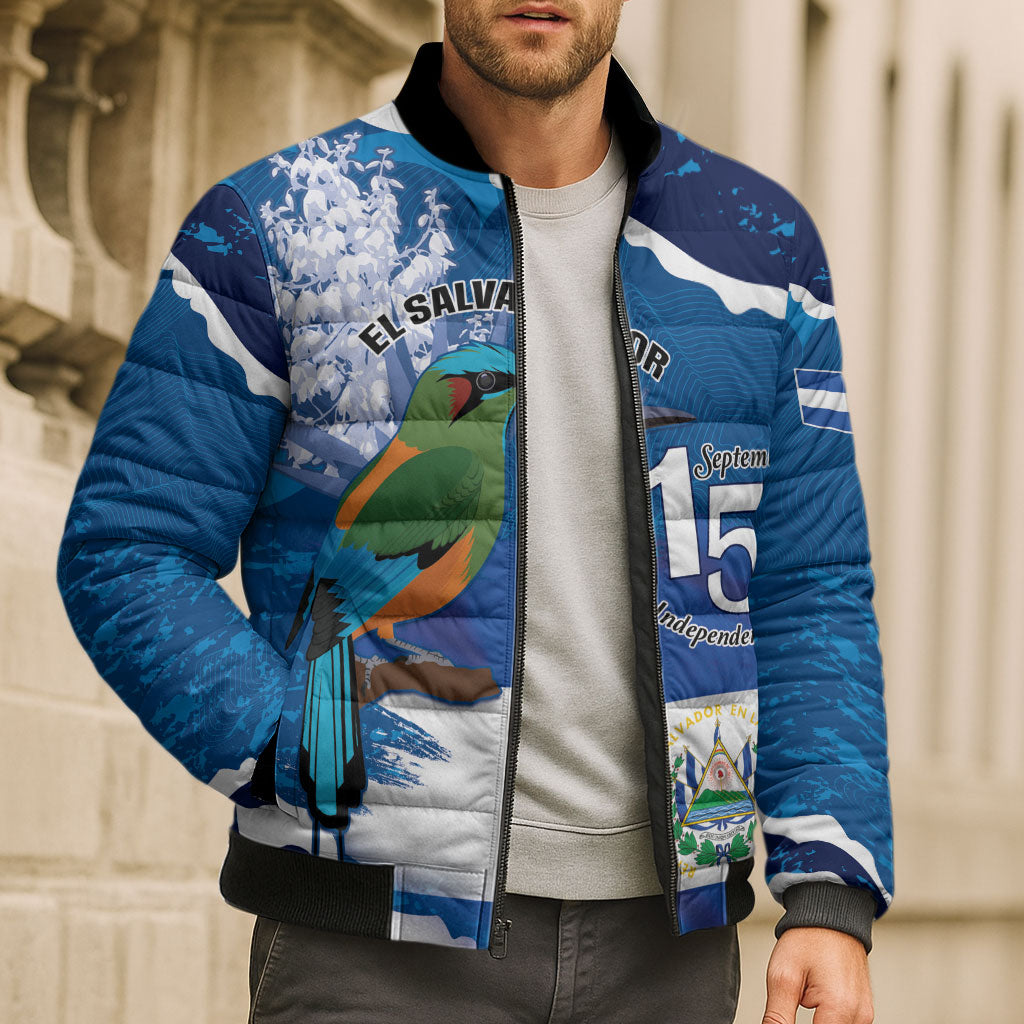 Personalized El Salvador Turquoise Browed Motmot Bomber Puffer Jacket Happy Independence Day