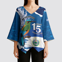 Personalized El Salvador Turquoise Browed Motmot Kimono Sleeve Blouse Happy Independence Day