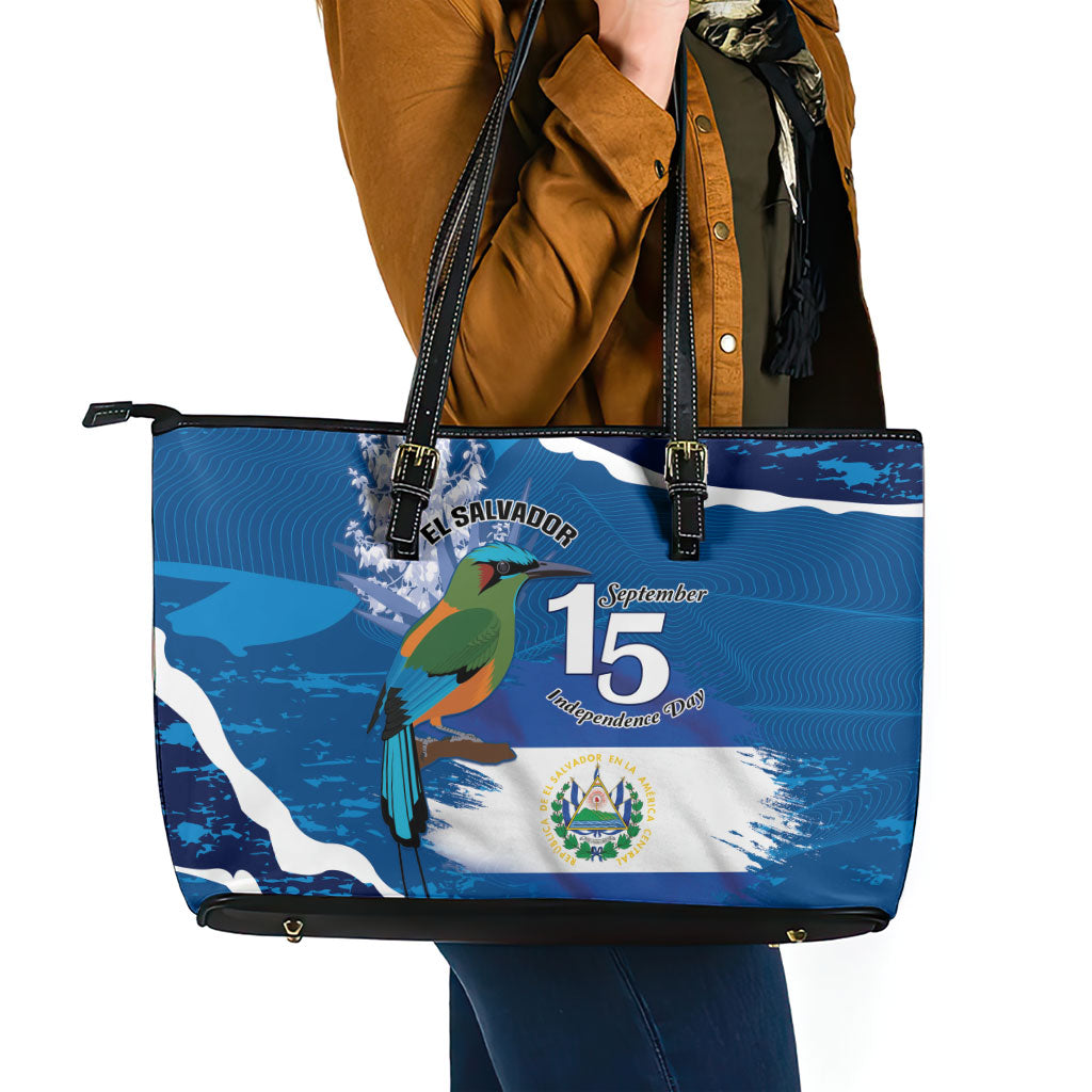 El Salvador Turquoise Browed Motmot Leather Tote Bag Happy Independence Day