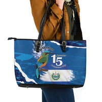 El Salvador Turquoise Browed Motmot Leather Tote Bag Happy Independence Day