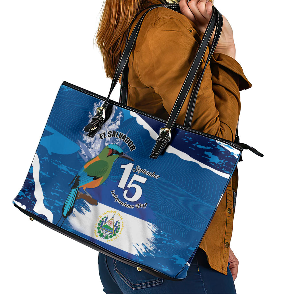 El Salvador Turquoise Browed Motmot Leather Tote Bag Happy Independence Day