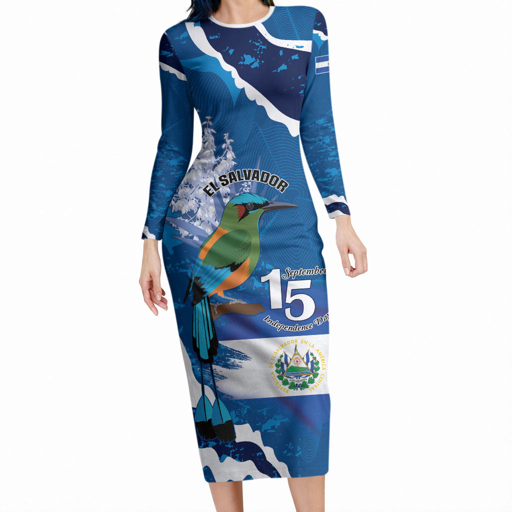 Personalized El Salvador Turquoise Browed Motmot Long Sleeve Bodycon Dress Happy Independence Day