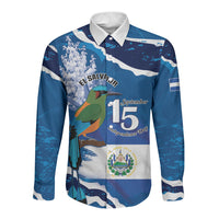 Personalized El Salvador Turquoise Browed Motmot Long Sleeve Button Shirt Happy Independence Day