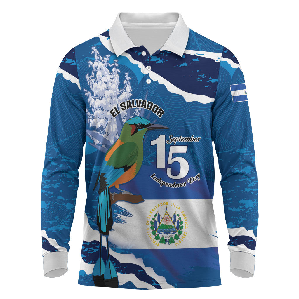 Personalized El Salvador Turquoise Browed Motmot Long Sleeve Polo Shirt Happy Independence Day
