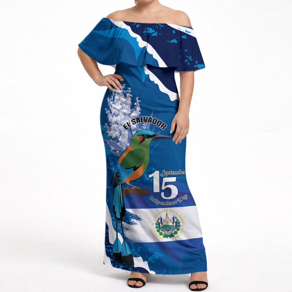 Personalized El Salvador Turquoise Browed Motmot Off Shoulder Maxi Dress Happy Independence Day