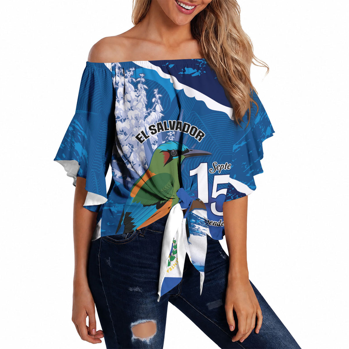Personalized El Salvador Turquoise Browed Motmot Off Shoulder Wrap Waist Top Happy Independence Day