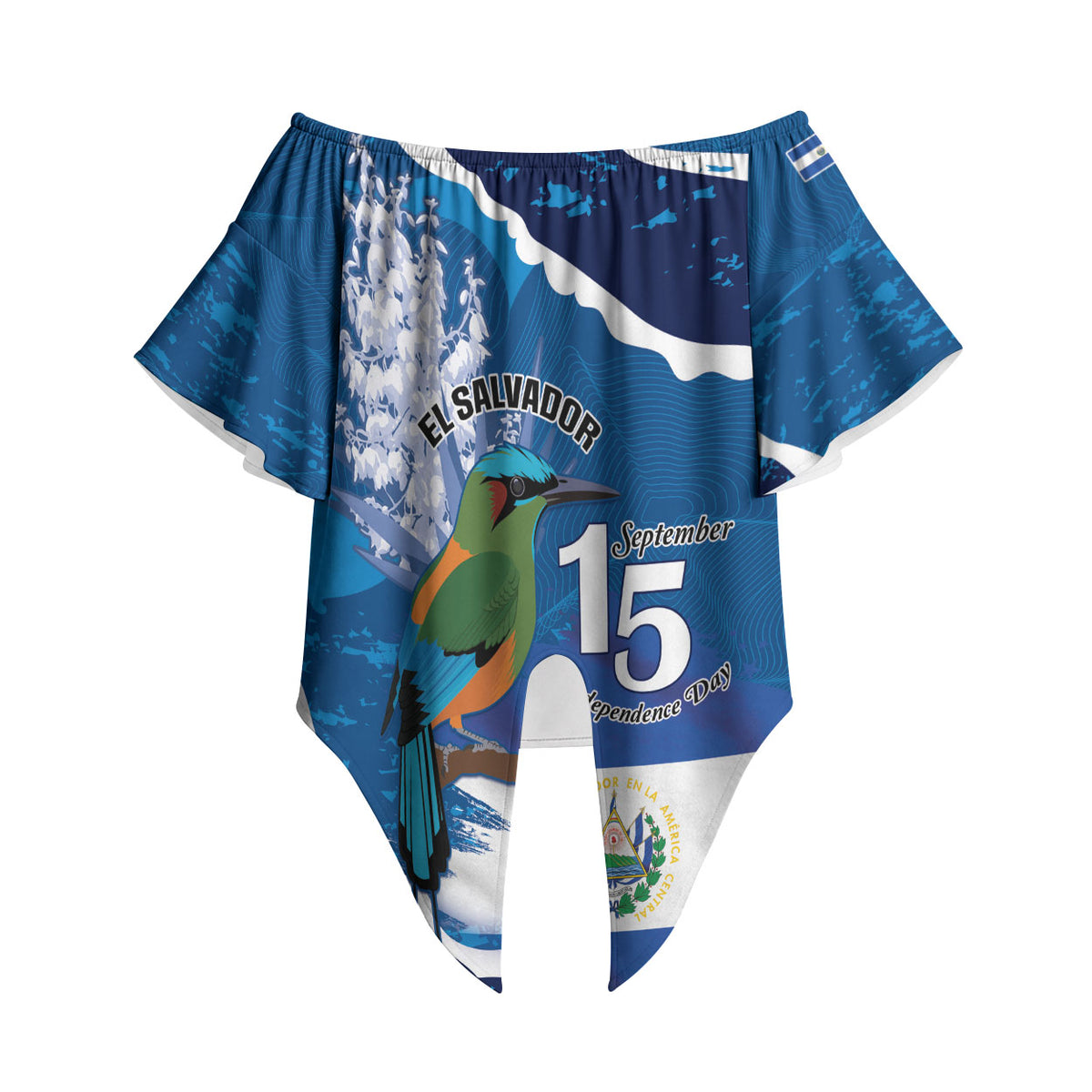 Personalized El Salvador Turquoise Browed Motmot Off Shoulder Wrap Waist Top Happy Independence Day