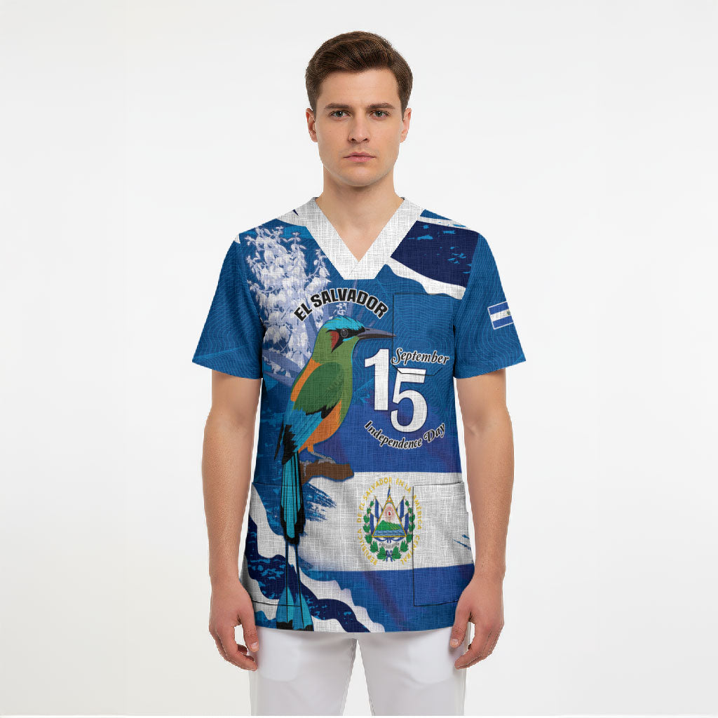 Personalized El Salvador Turquoise Browed Motmot Scrub Top Happy Independence Day