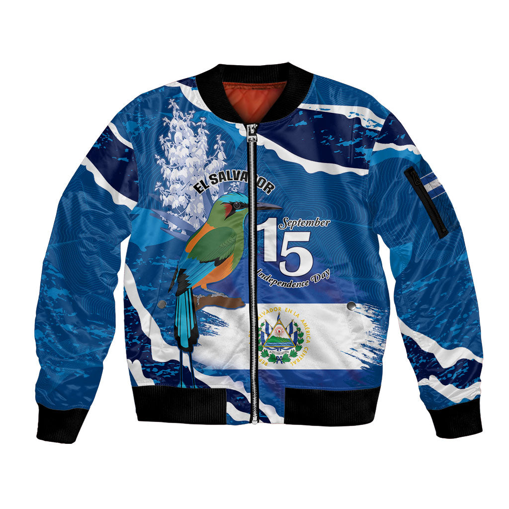 Personalized El Salvador Turquoise Browed Motmot Sleeve Zip Bomber Jacket Happy Independence Day