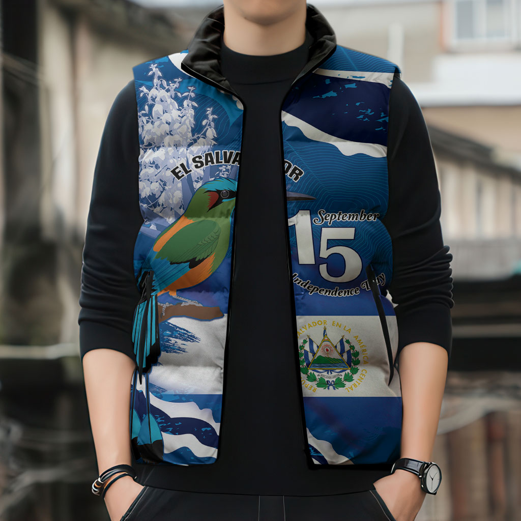 Personalized El Salvador Turquoise Browed Motmot Sleeveless Puffer Jacket Happy Independence Day